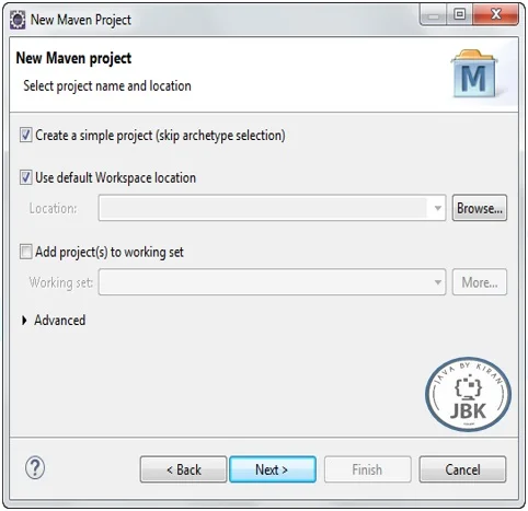 Select Project Name and Location for New Maven Project